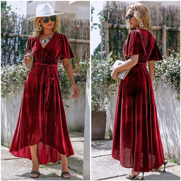 NWOT Berrygo Red Ribbed Velvet V Short Sleeve True Wrap Tie Midi Maxi Dress S - Picture 1 of 14